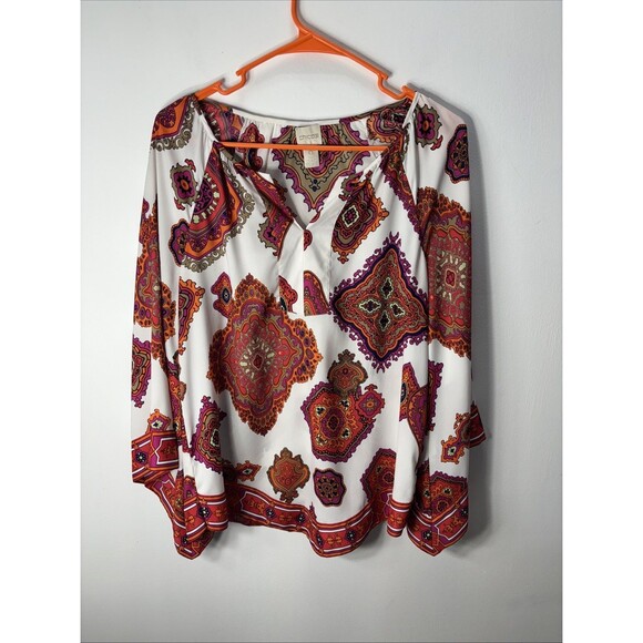 Chico's Red PRINT Boho Chic Abstract  Tunic Top Blouse Big Flowy Sleeves  Sz 0 - Picture 1 of 13